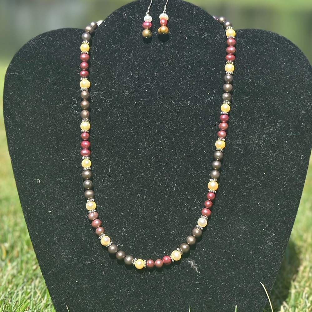 Chic pearl Necklace and Earring Set in Red, Brown, and Yellow